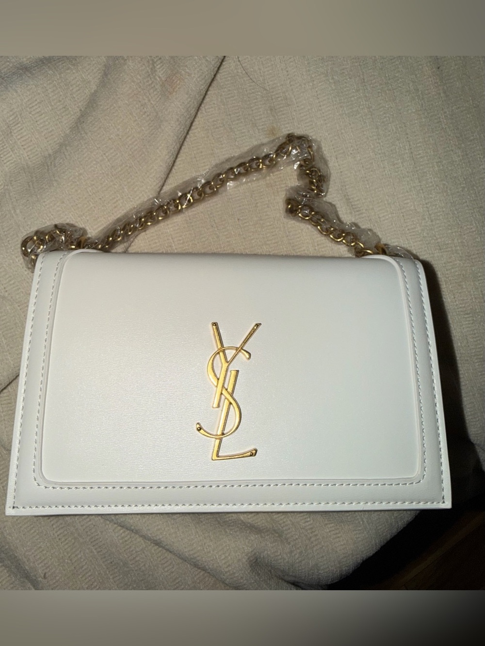 Yves Saint Laurent White Leather Crossbody with Gold Chain